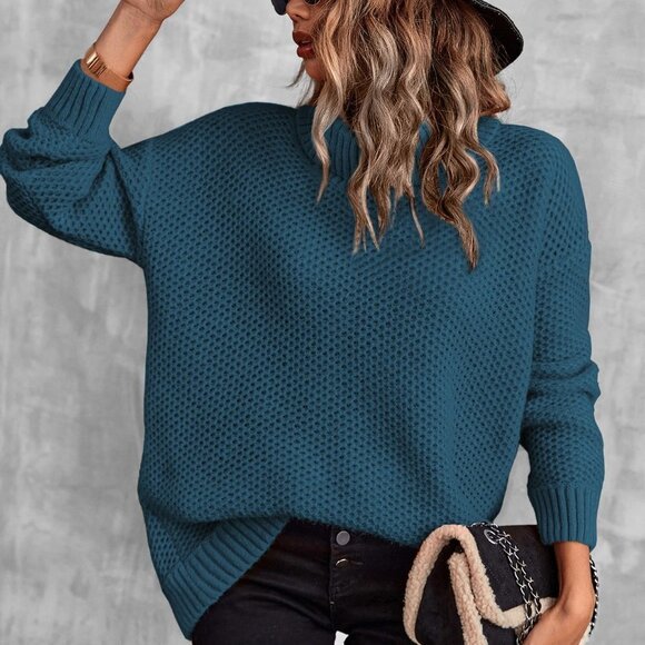 Blue Casual Womens Turtleneck Drop Shoulder Pointelle Knit Sweater - Picture 3 of 5